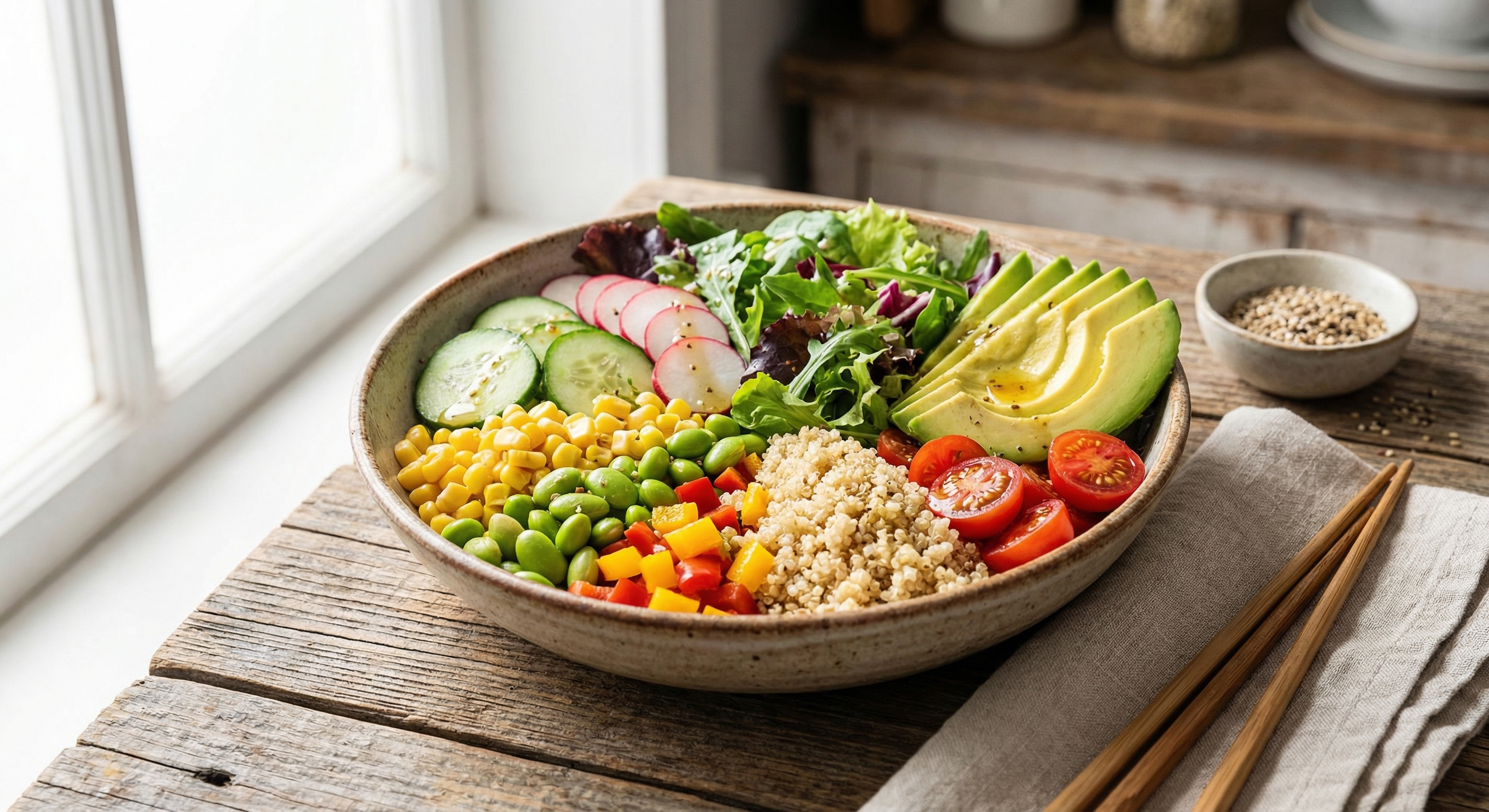 Colorful healthy salad bowl with fresh vegetables